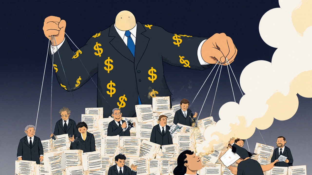 A faceless debt buyer controls miniature judges across countries with strings made of court filings.