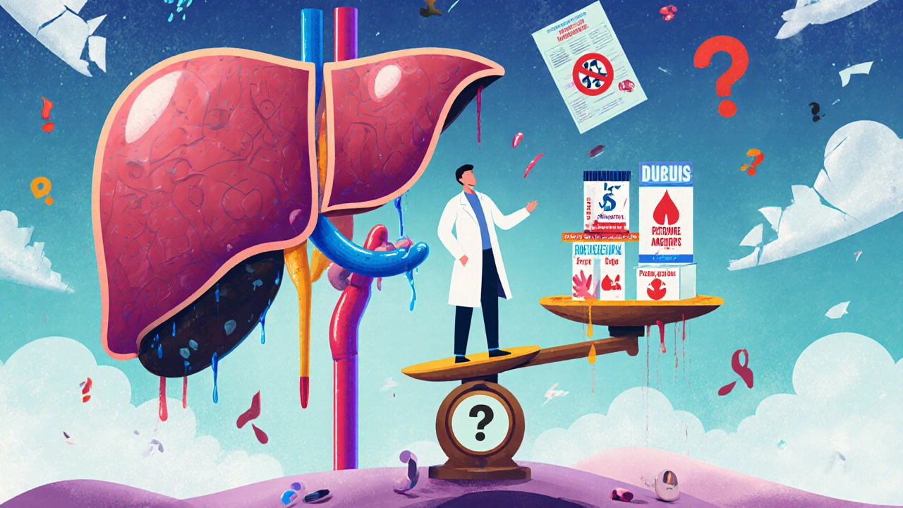 A fused liver and kidney machine leaking anticoagulants, with doctors on a tipping scale of clotting factors and reversal costs.