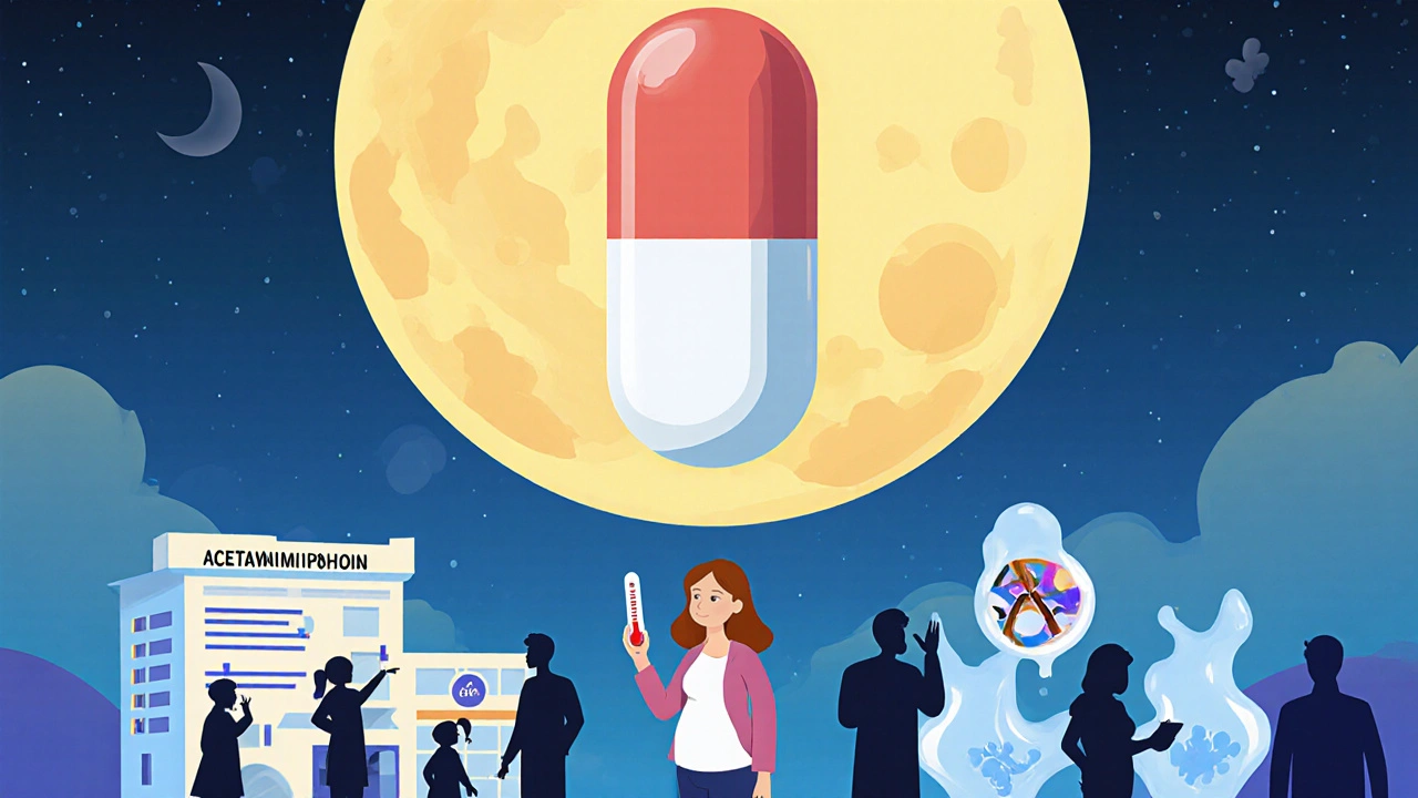 A giant acetaminophen tablet looms over a tiny hospital, with doctors and shadows representing medical uncertainty.