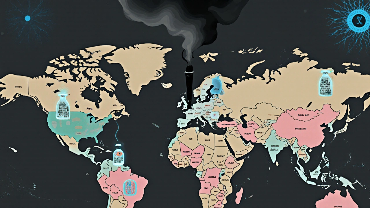 A global map of glowing vials connected by data threads, AI tendrils scanning upward, one cracked vial leaking black smoke.