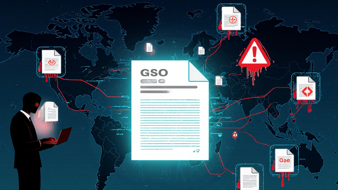 A glowing digital substitution order branches into thousands of holographic cases across a futuristic courtroom.