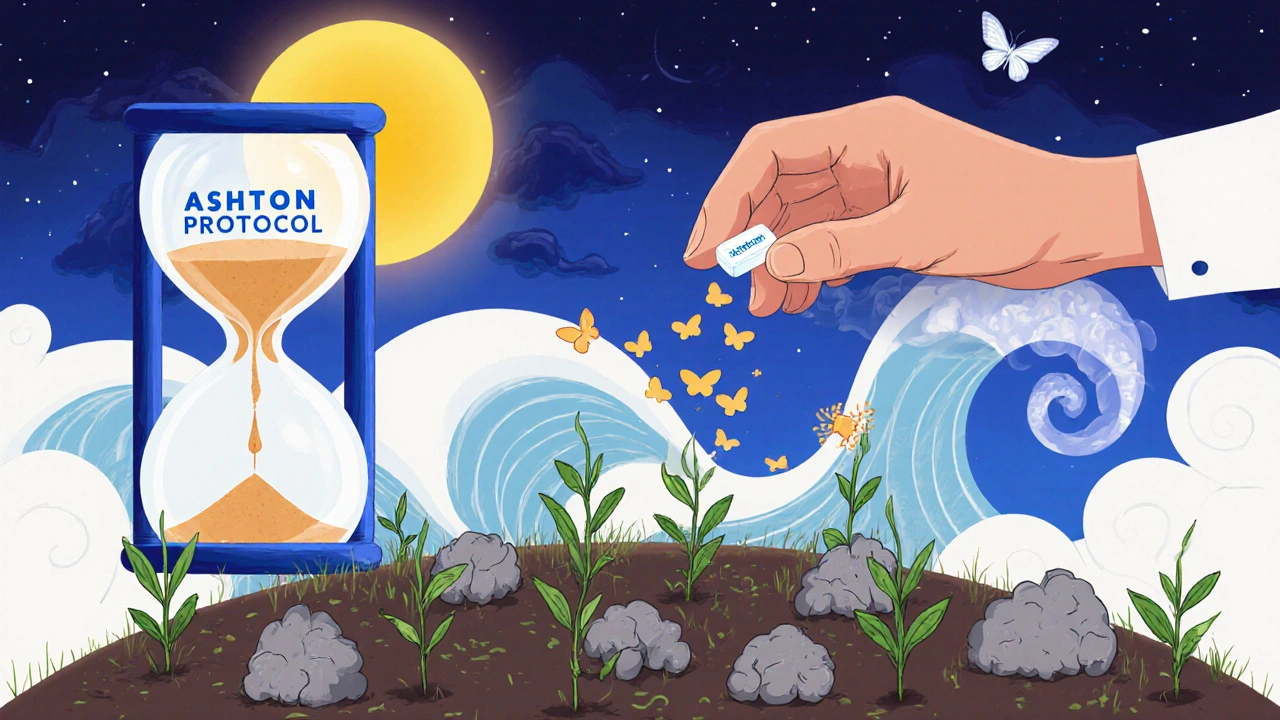 A healing mind-garden with wilted plants turning into green shoots under a sun labeled &#039;Ashton Protocol.&#039;