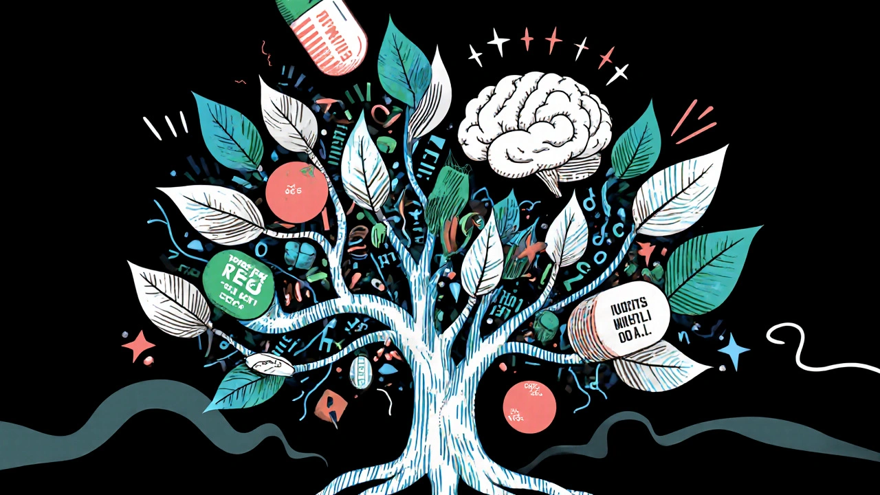 A living database tree grows from prescription roots, bearing safe pill fruits.