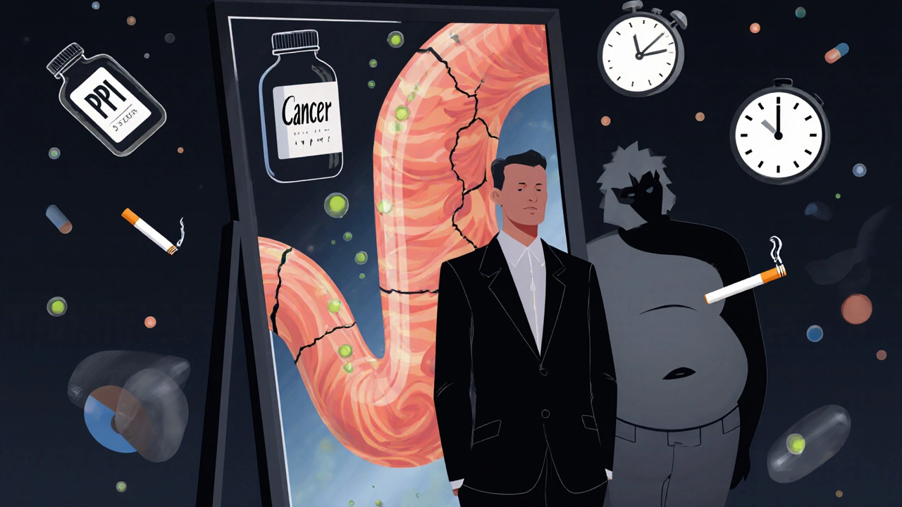 A man unaware as his esophagus glows with acid, while cancer approaches, surrounded by symbols of GERD risk factors.