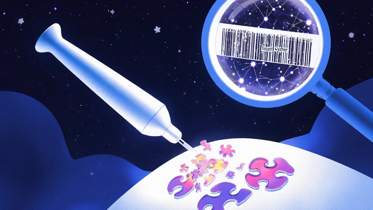 A medical probe extracts tissue samples that become puzzle pieces, with molecular markers floating like stars above.
