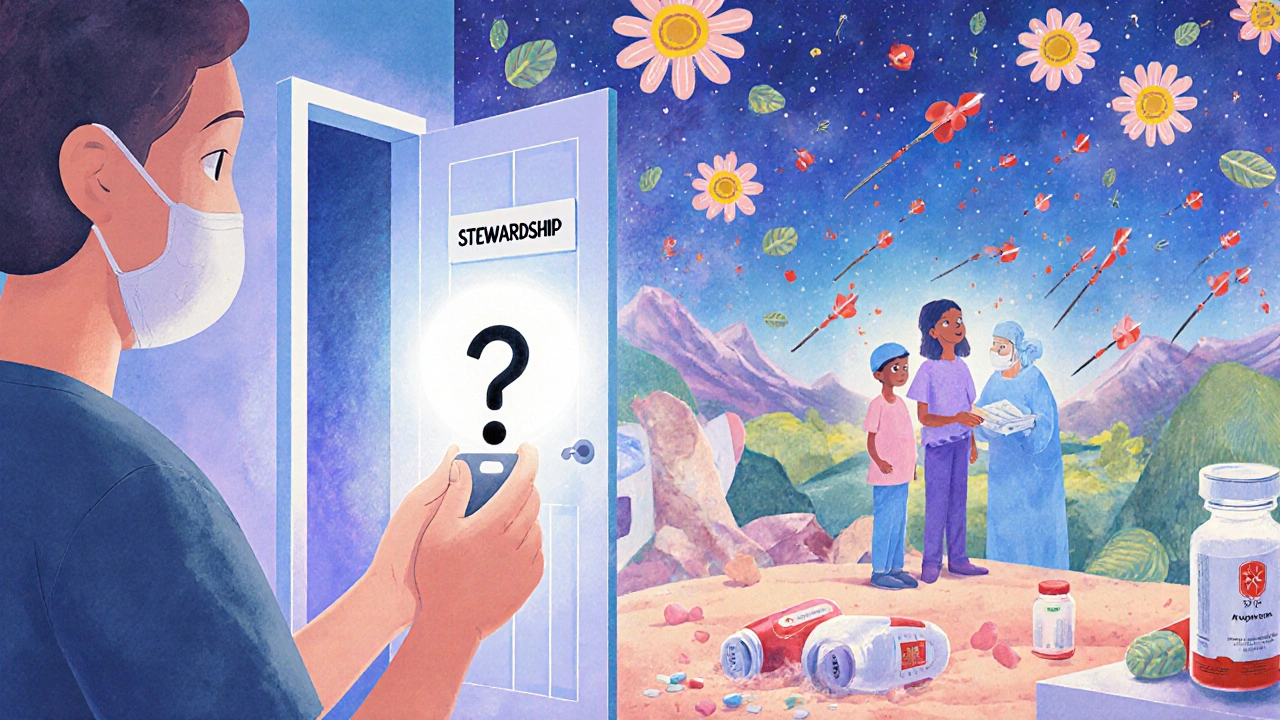 A patient unlocks a stewardship door to a future where healthy gut flora bloom and antibiotics precisely target only harmful bacteria.