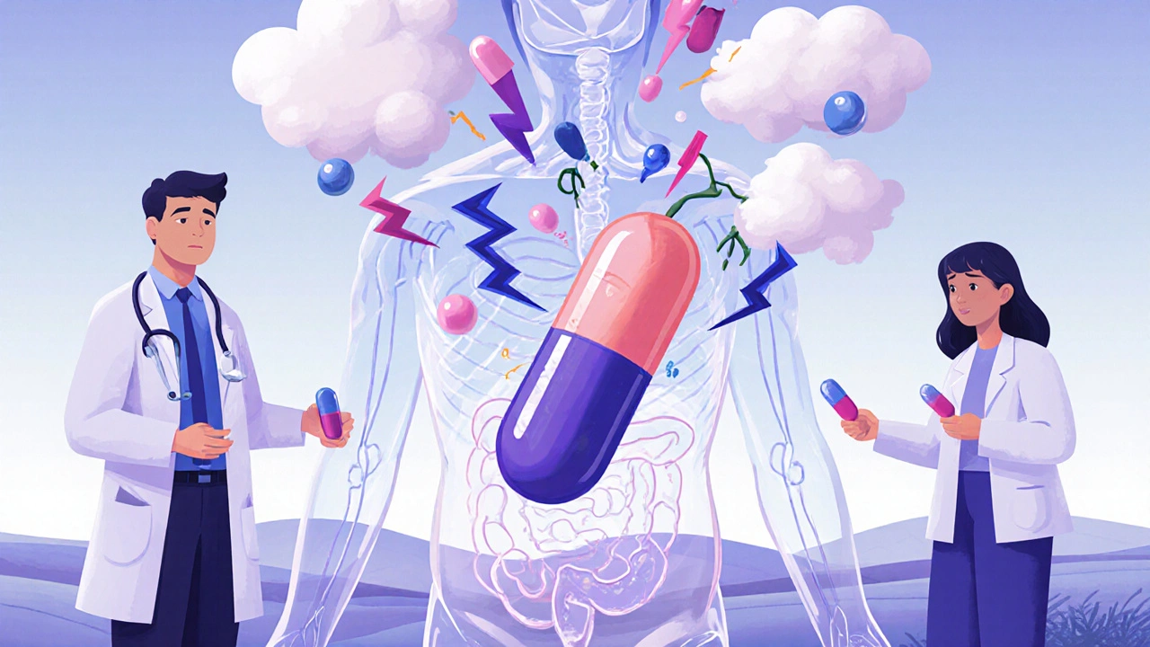 A person&#039;s body becomes a landscape of excipient storms triggered by a single pill.