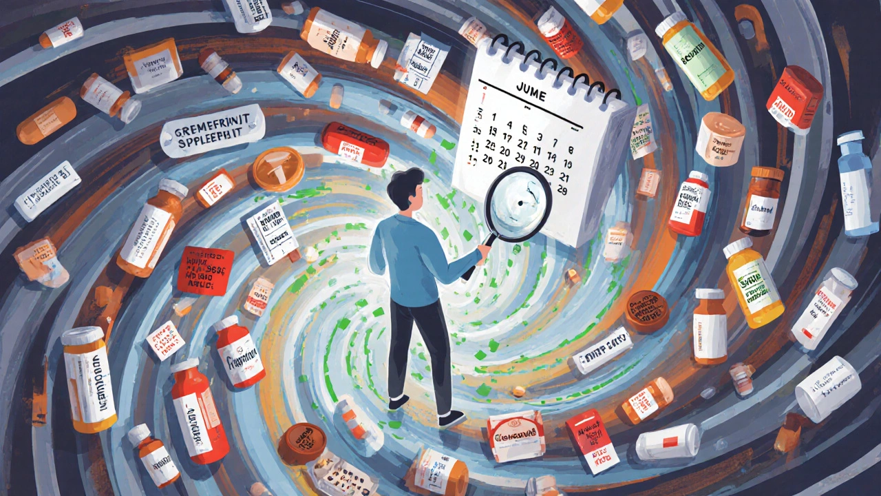 A person surrounded by swirling medications with hidden dangers, a pharmacist revealing safe paths with a magnifying glass.