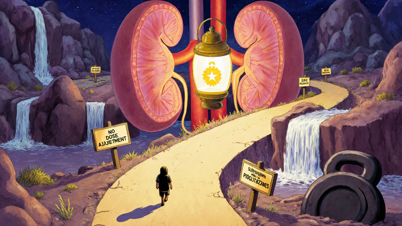 A person walking safely past kidney-shaped waterfalls, guided by a glowing GLP-1 molecule.