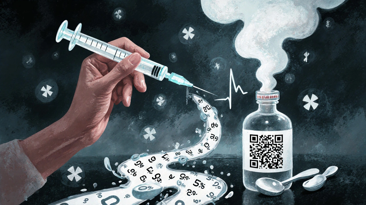 A pharmacist’s syringe transforms into a river of numbers, while kitchen spoons dissolve into smoke beside a pulsing QR code.
