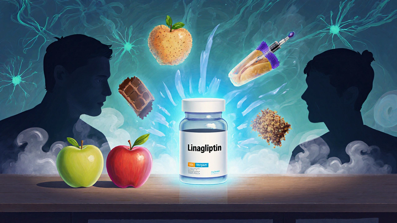 A pill bottle emitting calm light, causing healthy foods to hover while sugary snacks fade away.