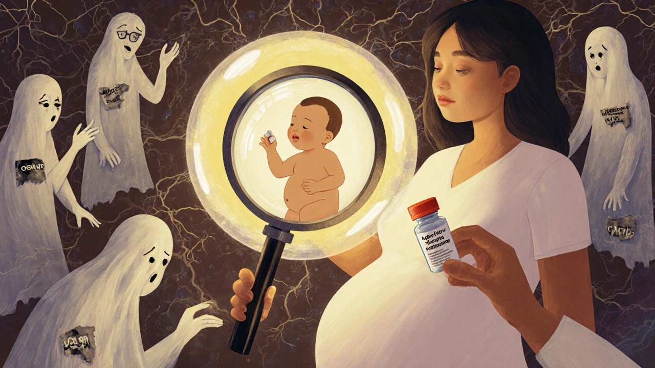 A pregnant woman using a magnifying glass to protect her baby from myths, while a single safe pill glows inside a bubble.