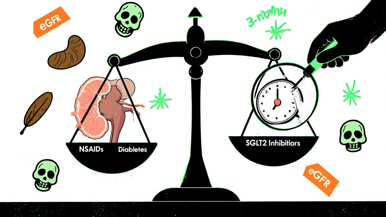 A scale crushing a kidney with NSAIDs vs. lifting it with SGLT2 inhibitors, surrounded by warnings.