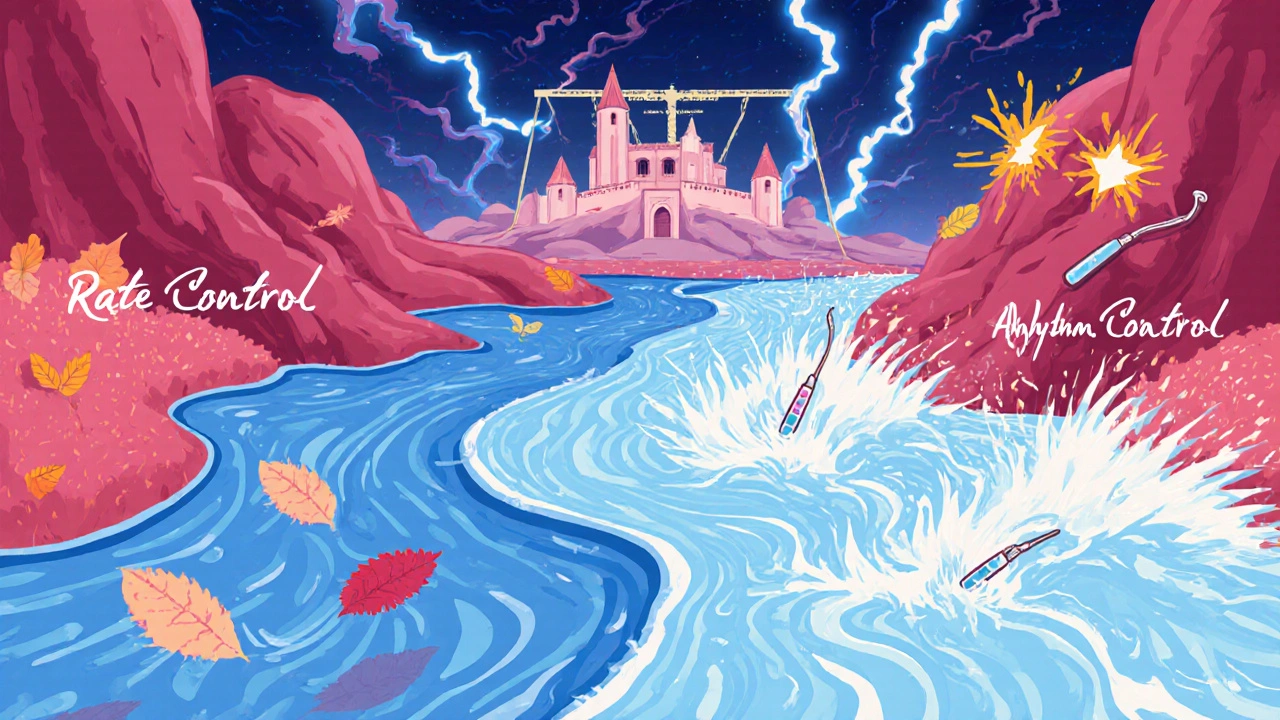 A split river flows through a heart landscape—one calm, one chaotic—both leading to a stroke prevention fortress.