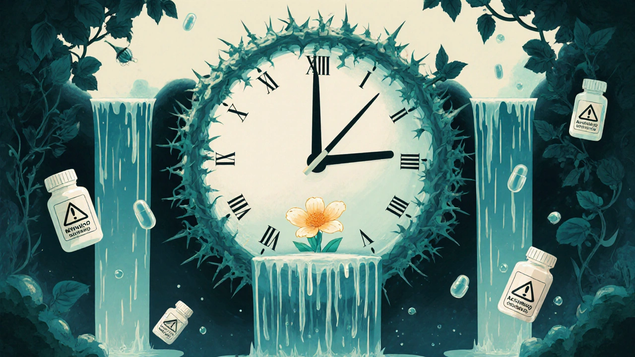 A trimester clock with NSAID vines withering and acetaminophen blooming brightly through all stages of pregnancy.