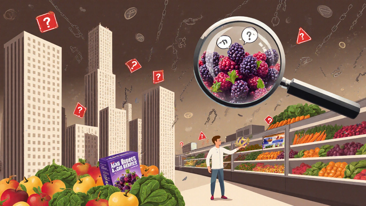 An abstract supermarket where exotic superfoods loom large over ordinary produce, highlighting marketing vs. nutrition reality.