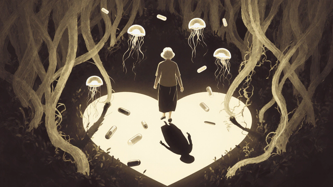 An elderly woman walking among glowing Strophanthus vines, with floating capsules around her.