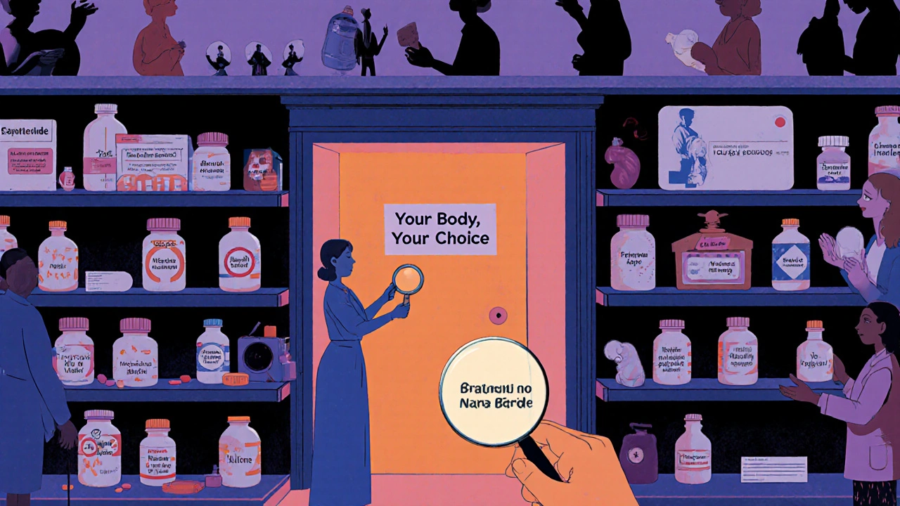 An infinite pharmacy shelf with illuminated safe options, a pharmacist offering guidance, and a glowing door labeled &#039;Your Body, Your Choice&#039;.