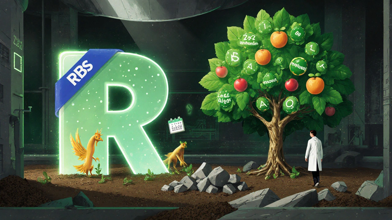 Lab scene with software icons planting data-seed trees, one growing levothyroxine fruit, while a failed study lies in rubble behind.