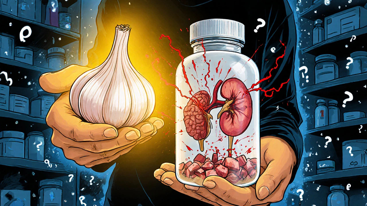 Person holding fresh garlic and supplement bottle; the bottle explodes into bleeding organs while the clove glows warmly.