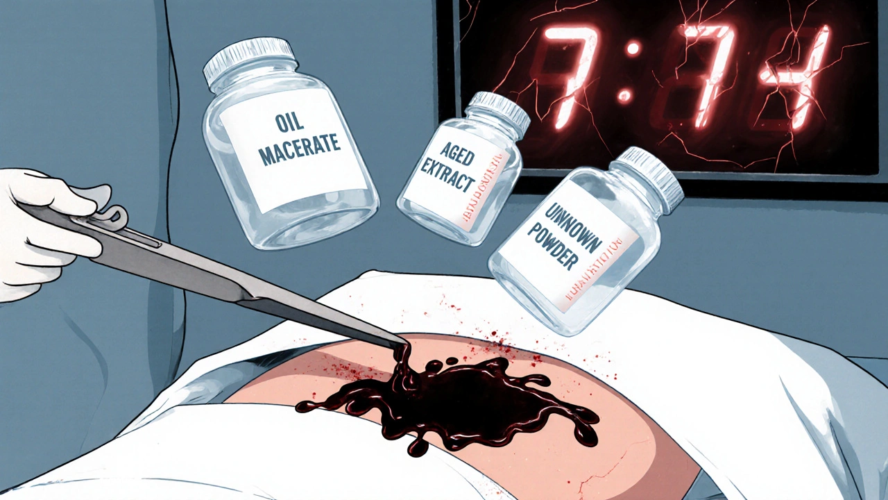 Surgery scene with tar-like bleeding and ghostly garlic supplements floating above, with a 7-day countdown timer in the background.
