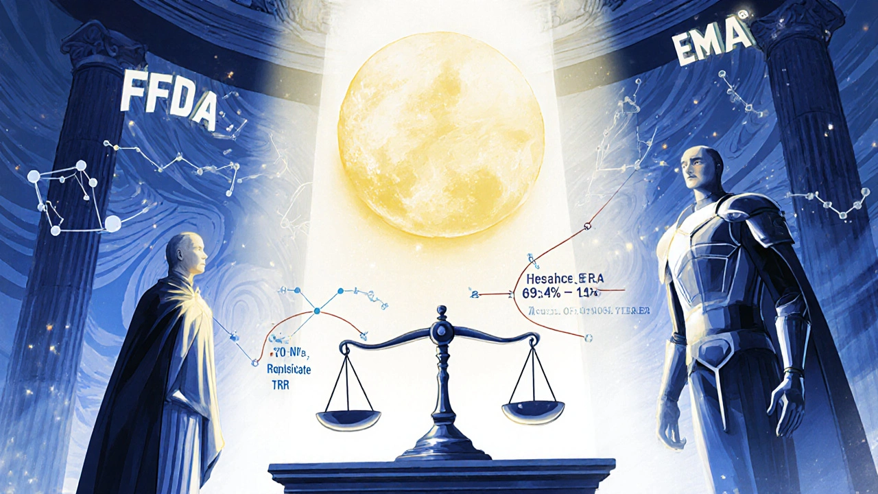 Surreal regulatory courtroom with FDA and EMA figures on scales, a glowing TRT design between them, and floating bioequivalence limits.