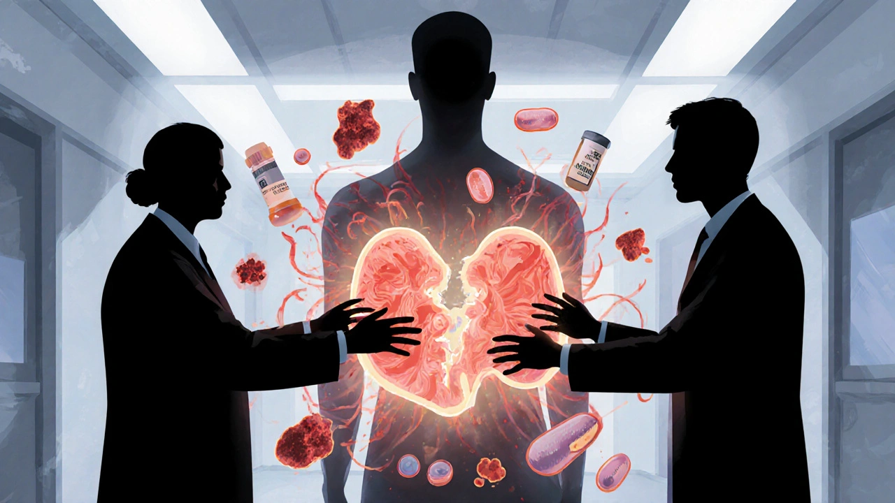 Three specialists reaching toward a fractured heart valve surrounded by blood thinners, a patient&#039;s transparent body showing clots and bleeds.