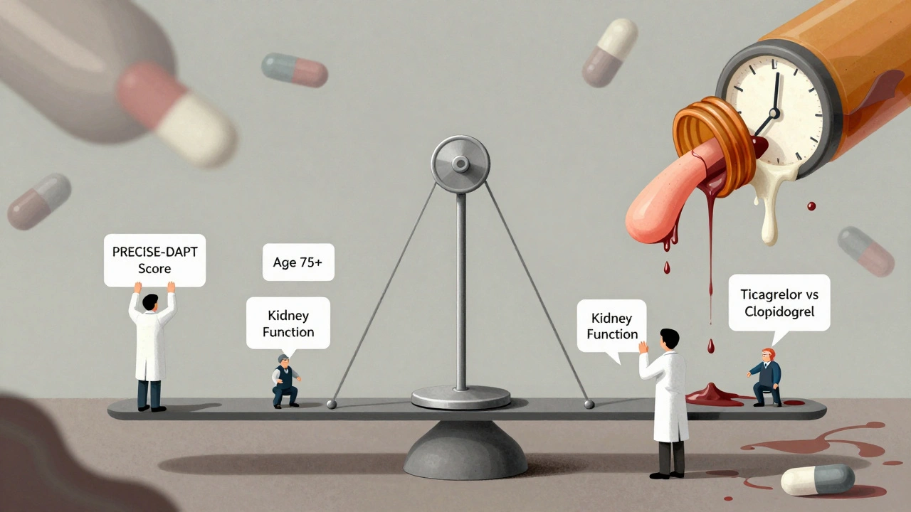 A balance scale weighing a stent against a nosebleed, with floating medical factors and melting clock.