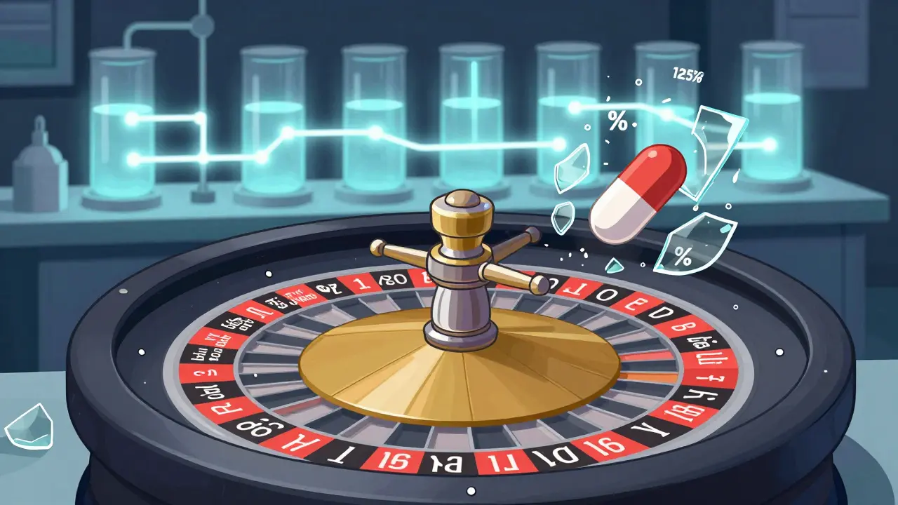 A bioequivalence roulette wheel with test outcomes and shattered standards in abstract style.