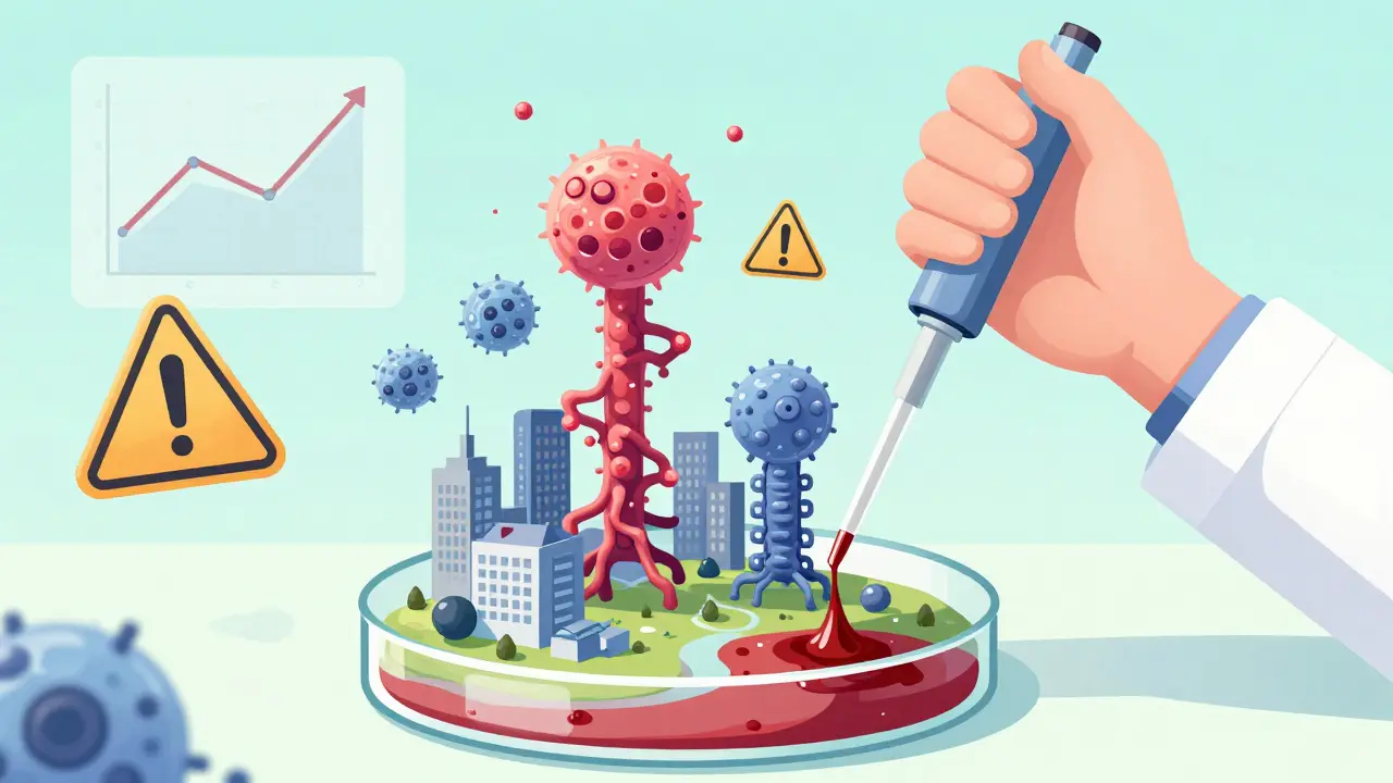 A blood droplet transforming into a miniature city where immune cells respond to two variant protein towers.