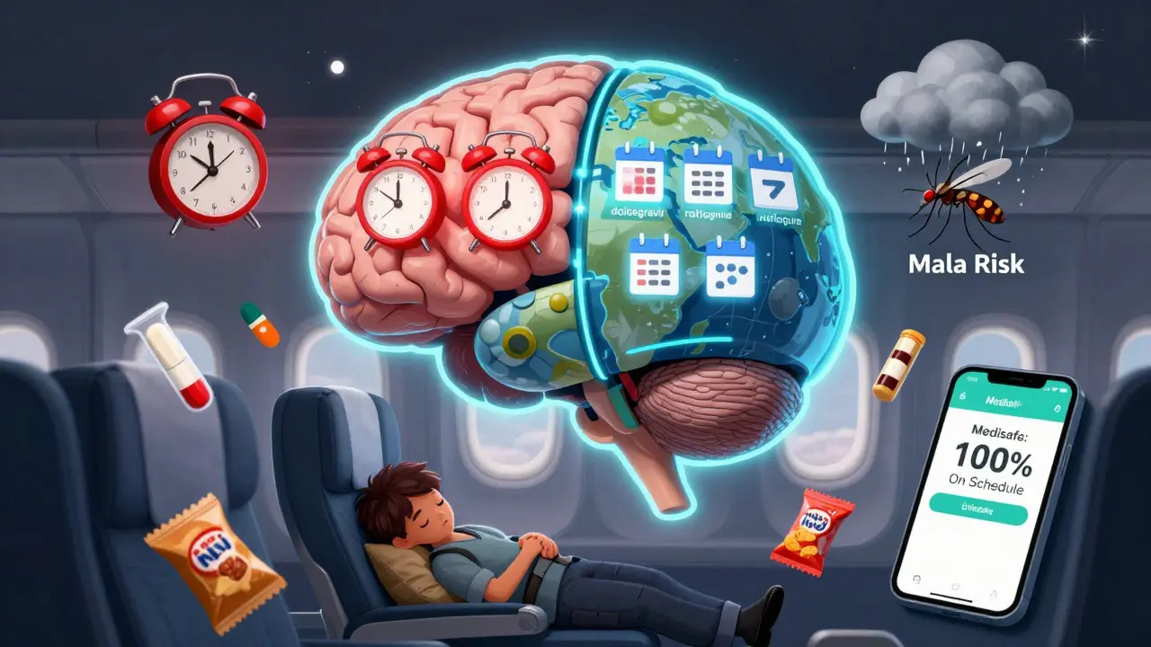 A brain-globe displays HIV meds, antimalarials, and mosquito risk, with a traveler sleeping amid floating snacks and a medication app.
