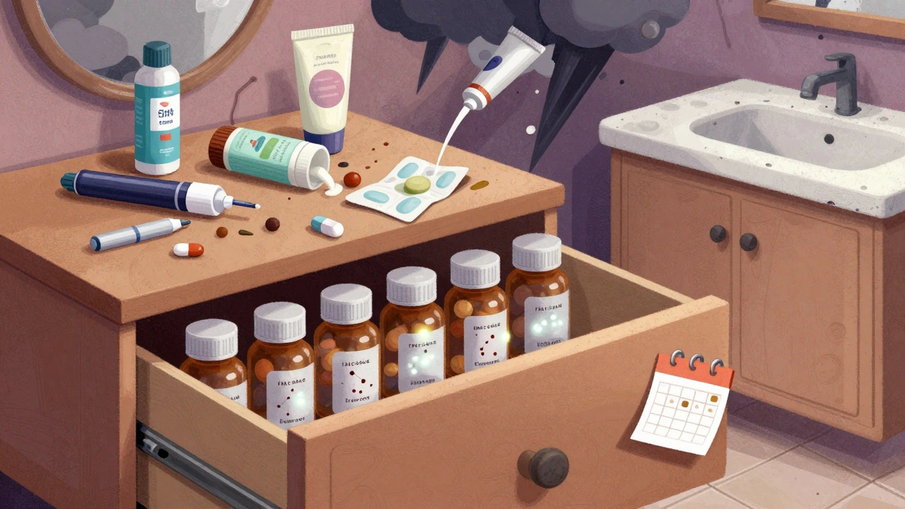 A calm drawer holds glowing pill bottles while chaotic expired meds swirl outside in stormy clouds.