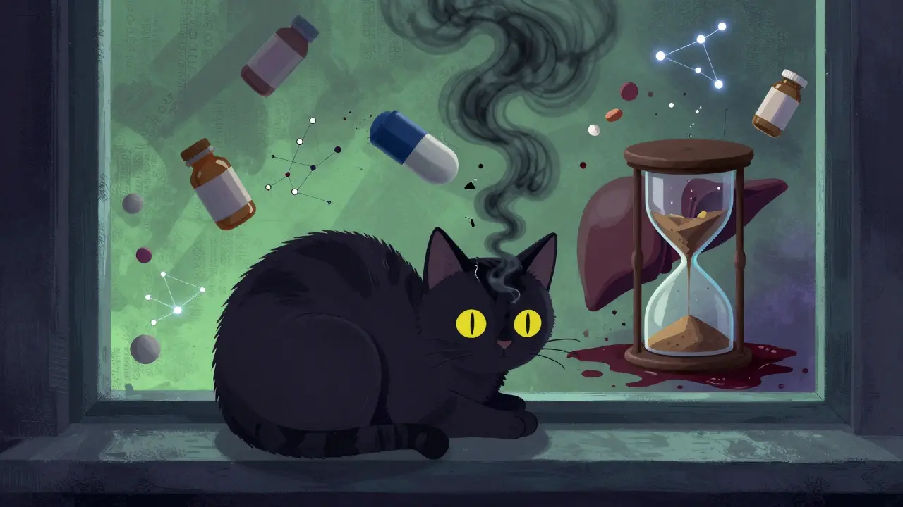 A cat's fur turns to smoke, revealing a crumbling liver shaped like an hourglass.