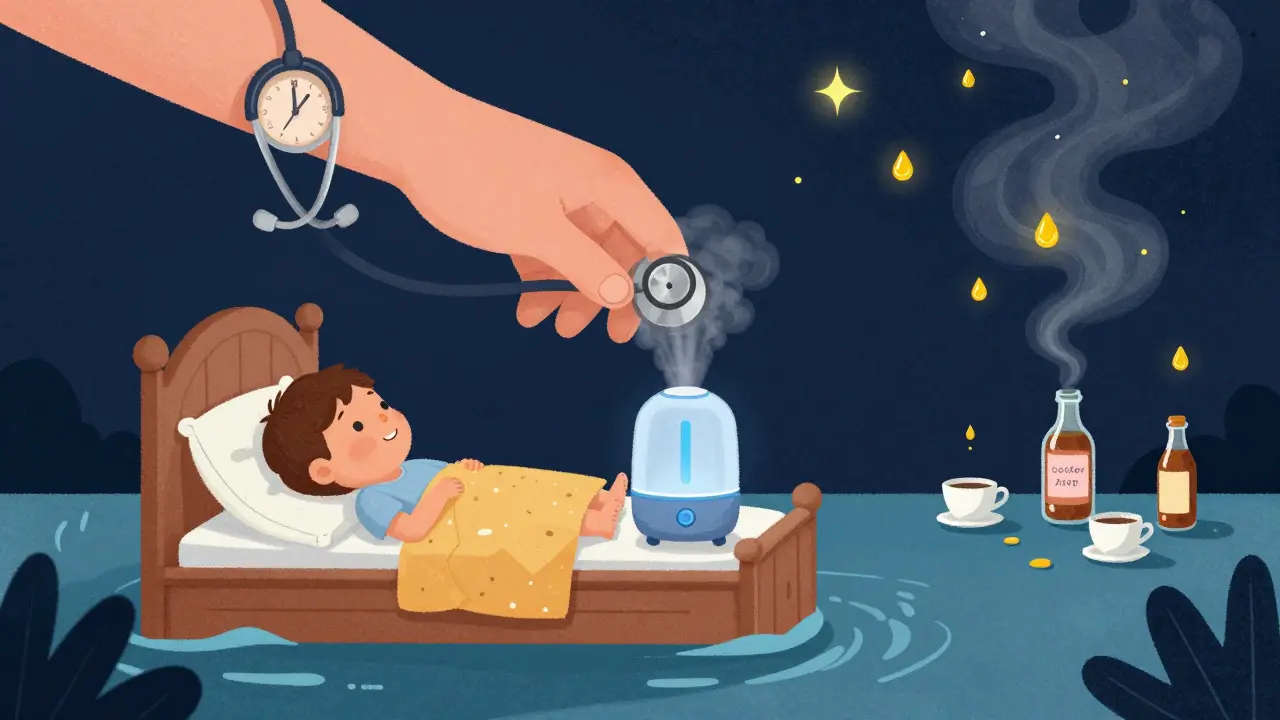 A child sleeps peacefully in a steamy room, surrounded by honey droplets and safe remedies instead of medicine.