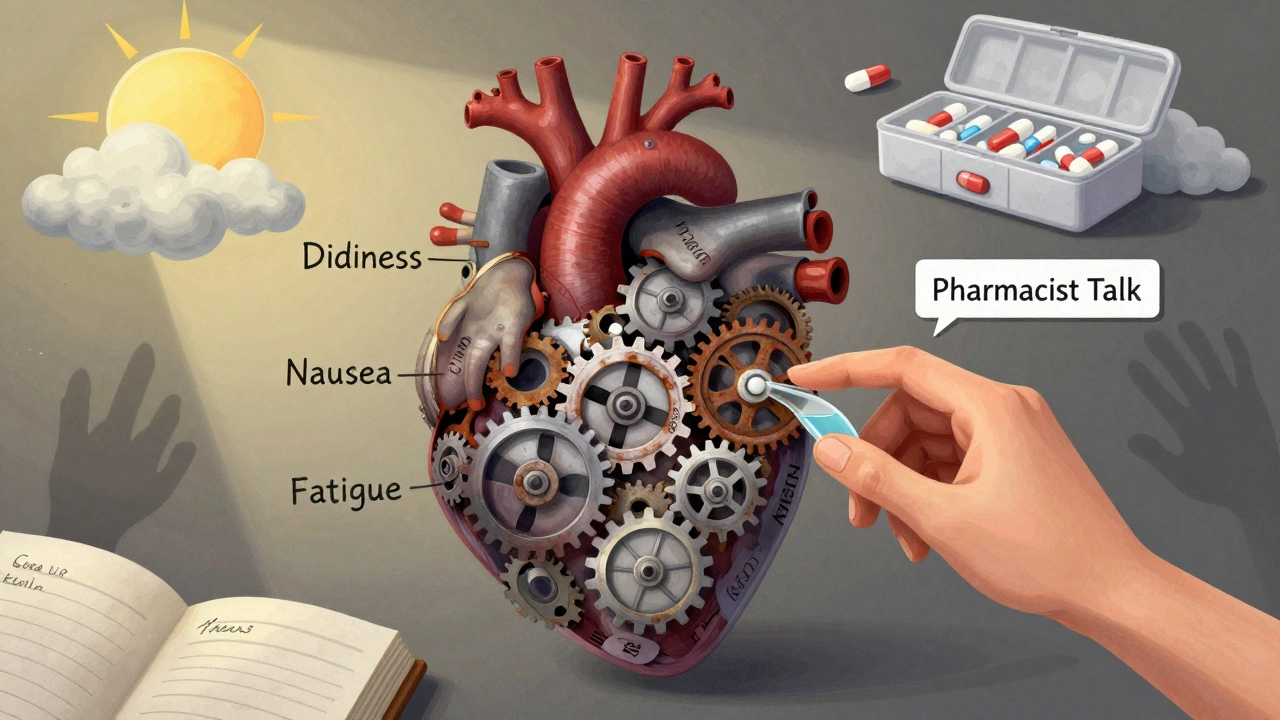 A clockwork heart with rusted gears representing side effects, being repaired by a pharmacist&#039;s intervention.