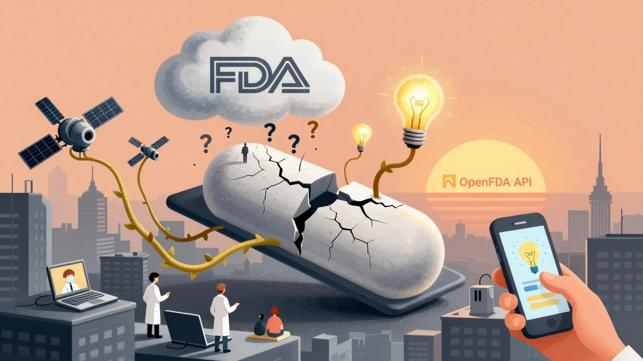 A cracked pill releasing data vines to a city of researchers under an FDA cloud raining question marks.