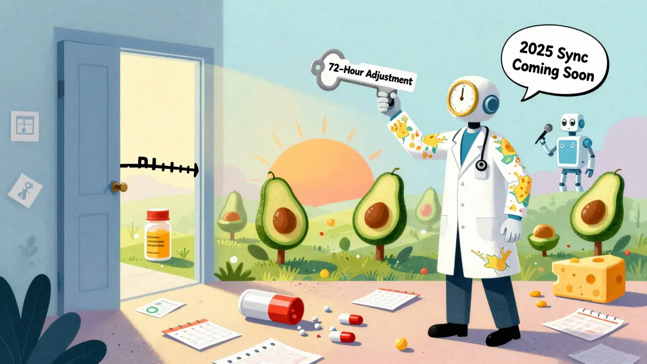 A doctor unlocks a time zone door to a landscape of pill trees with fat fruit, while an AI robot hints at future tech.
