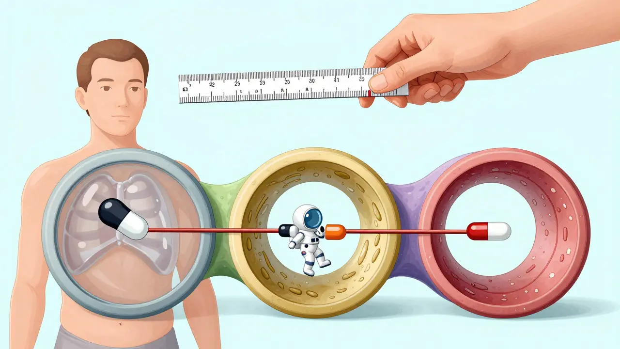 A drug molecule journeying through three different absorption tunnels in a transparent human body.