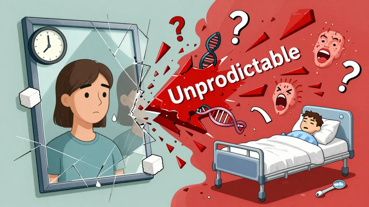 A fractured person reflecting predictable vs unpredictable drug reactions in abstract chaos.