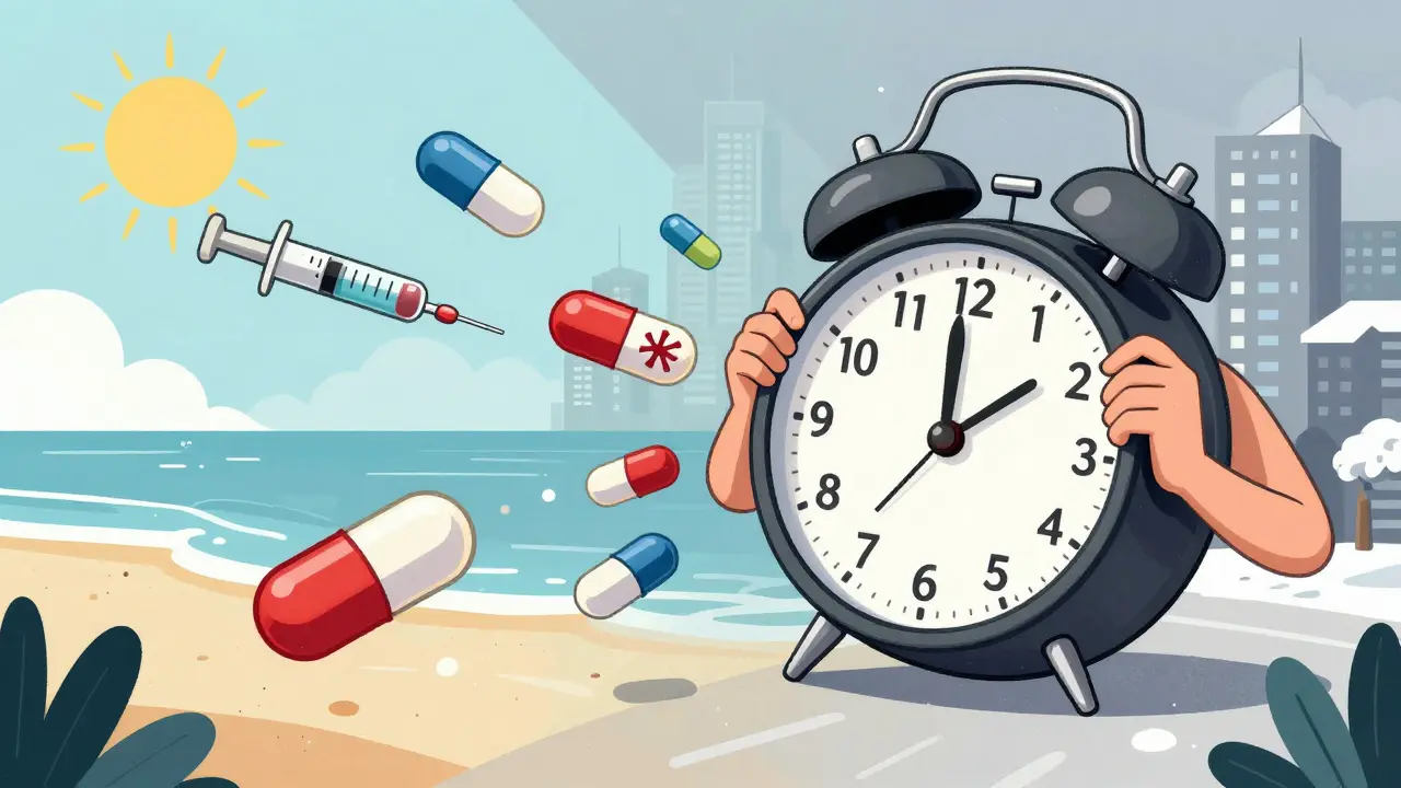 A giant alarm clock with arms trying to control floating medication capsules in a time-zone vortex.