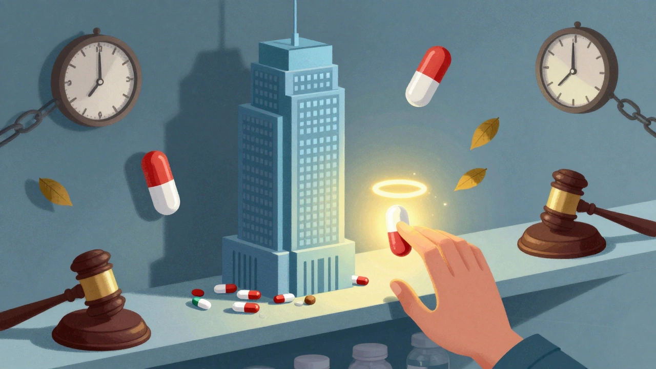 A glowing first generic pill shines on a pharmacy shelf, breaking through legal and supply chain barriers.