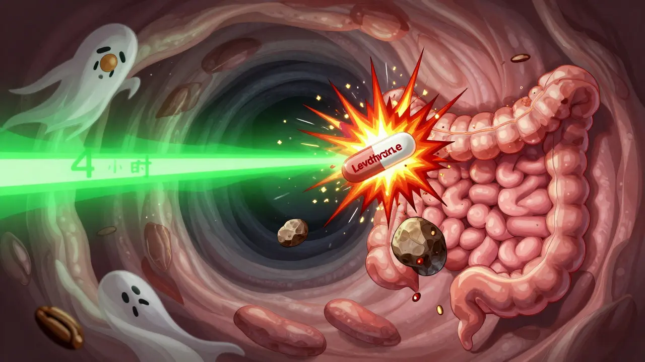 A glowing intestine where levothyroxine and iron explode into a rock, surrounded by ghostly interference symbols.