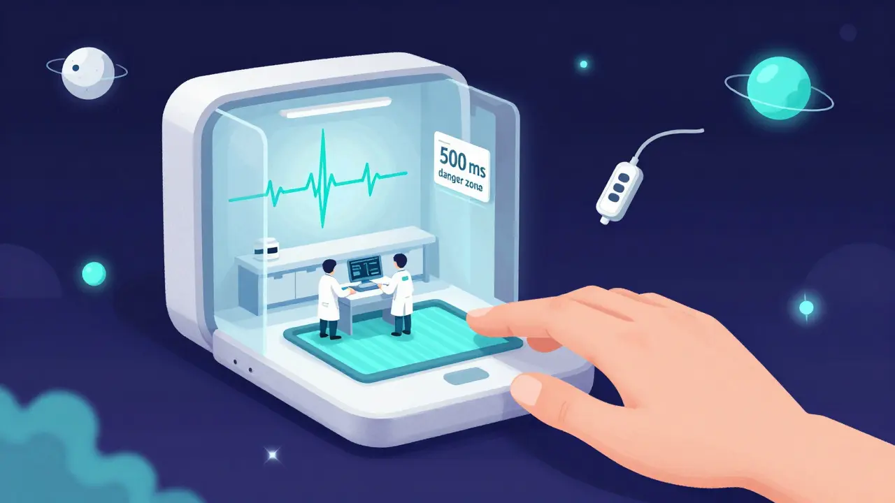 A hand holding a KardiaMobile device that opens into a miniature hospital with a giant QT line climbing a wall labeled 'danger zone'.