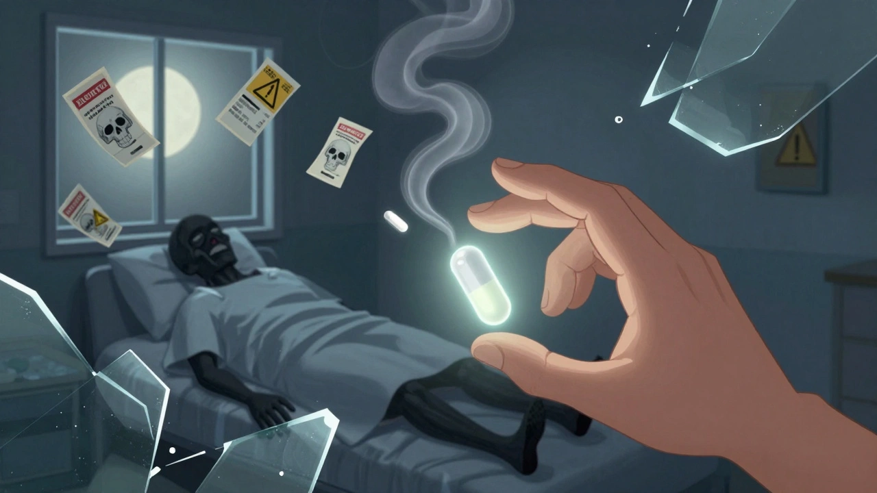 A hand reaches for a dissolving nitroglycerine tablet as expired labels turn into skulls behind a collapsing figure.