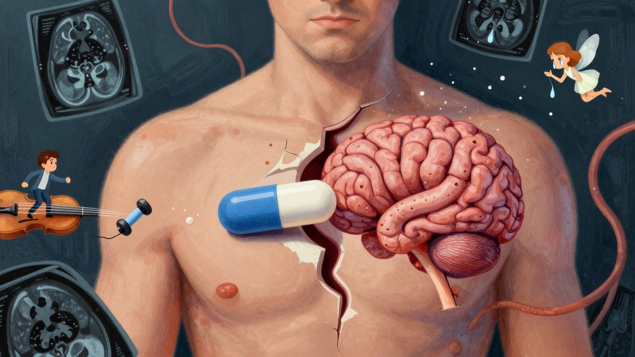 A man&#039;s torso reveals a dopamine pill shrinking a prolactin tumor, with testosterone atoms escaping and optic nerves bending like strings.