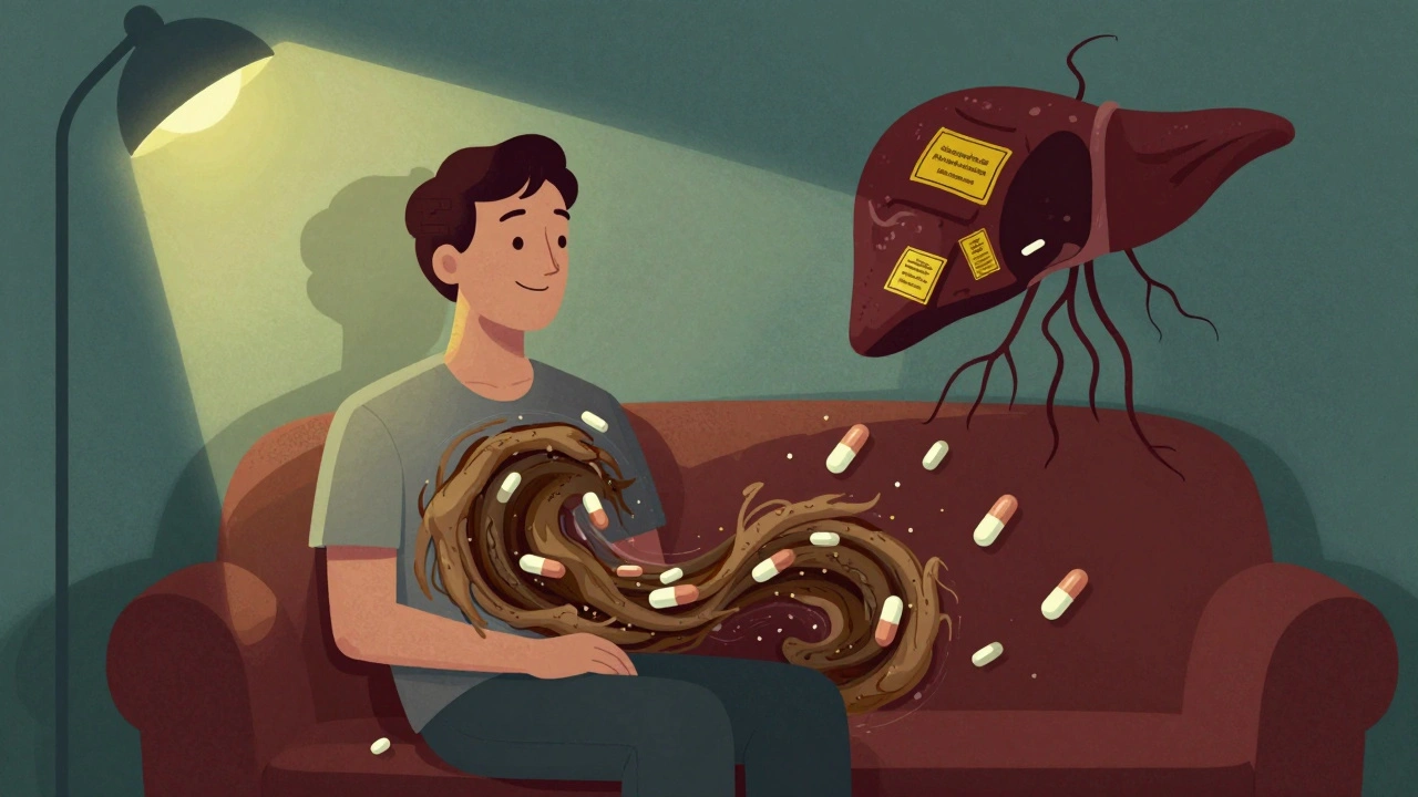 A man’s body merging with kava and sedatives, his calm face contrasting a screaming liver shadow.