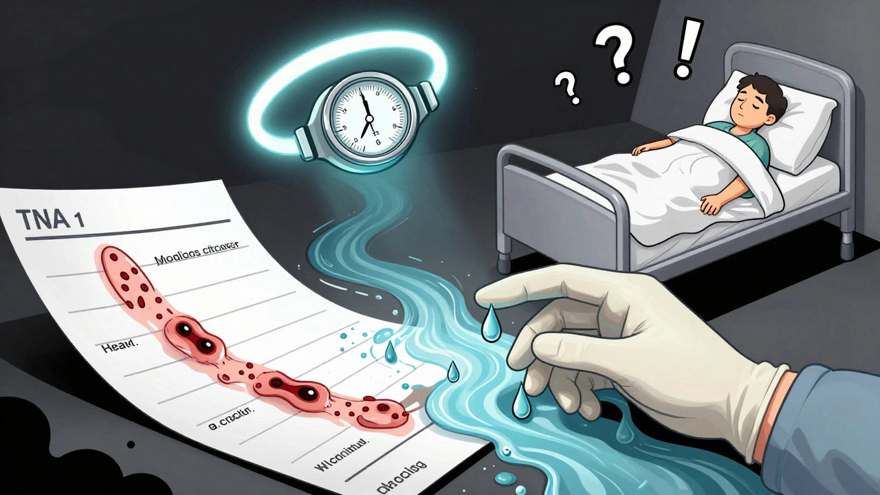 A medical chart turns into a river of symptoms, while a glowing bracelet casts a protective light over a sleeping patient.