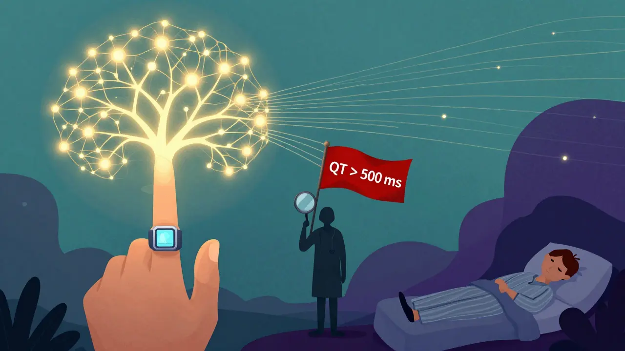 A neural network tree growing from a smart ring, flashing a red QT alert, while a cardiologist observes calmly in a dreamlike scene.