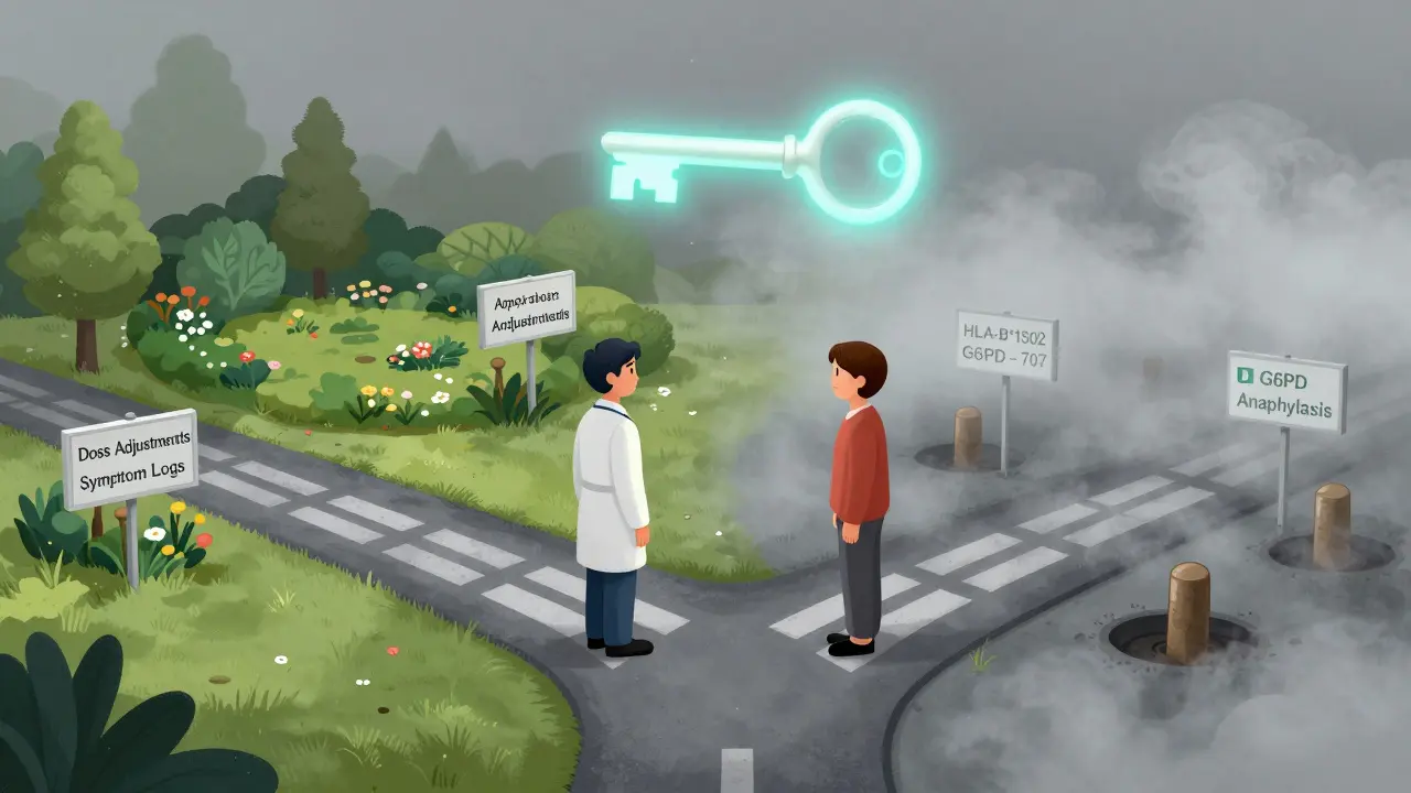 A patient and doctor at a crossroads with safe and dangerous drug reaction paths.