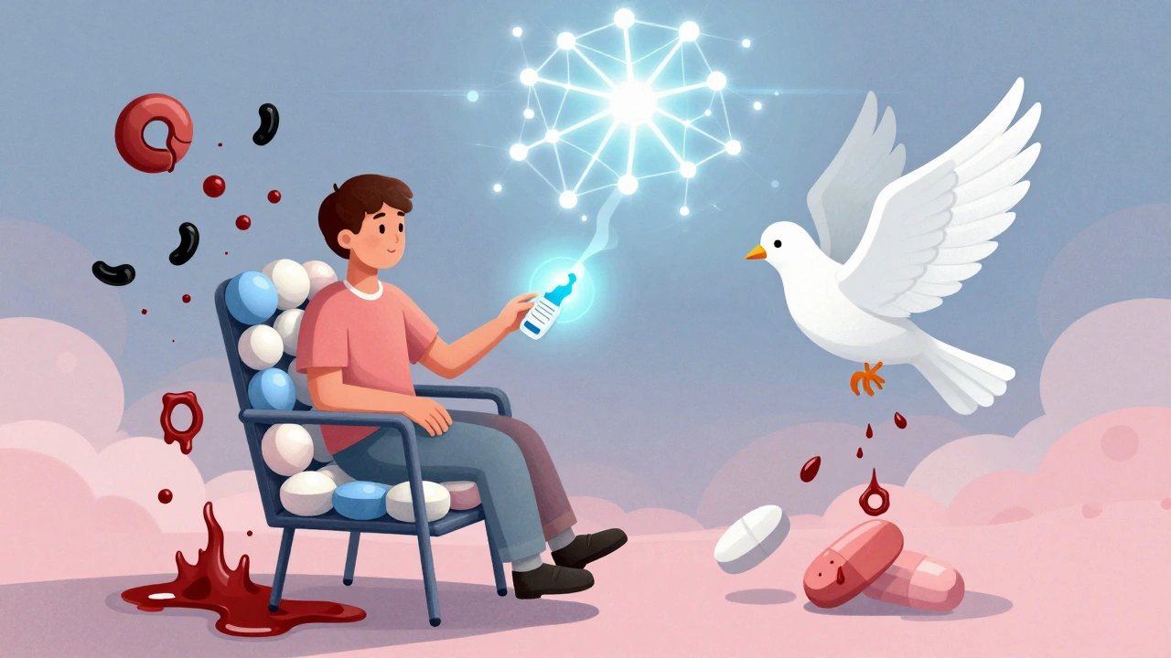 A patient calmly switching a violent drug-dragon into a peaceful dove, while bleeding symbols fade into smoke.